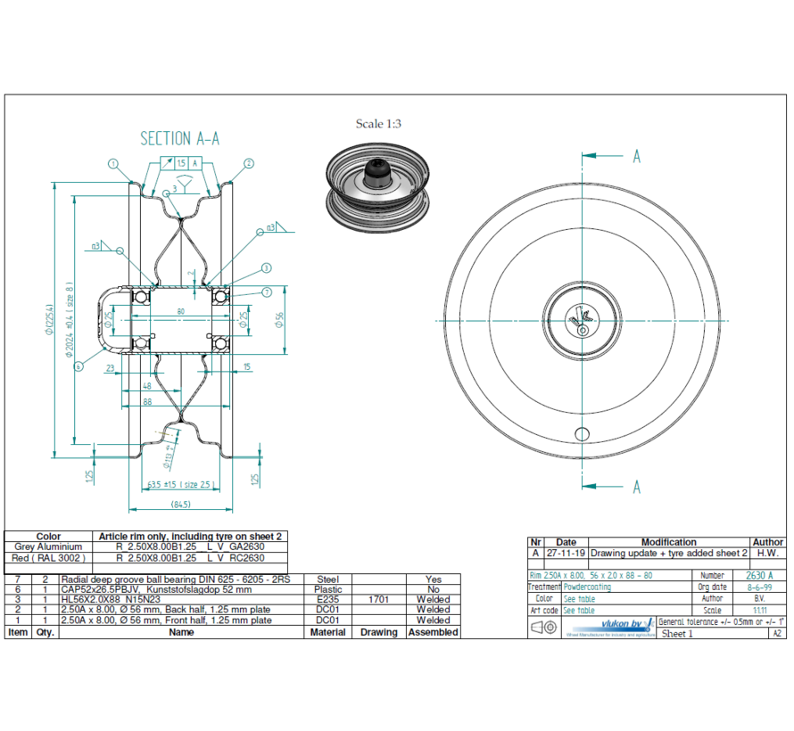 1.25 mm thick one piece welded RIM, diameter: 8 inch, width: 2.50 inch, bearing in hub: 6205-2RS