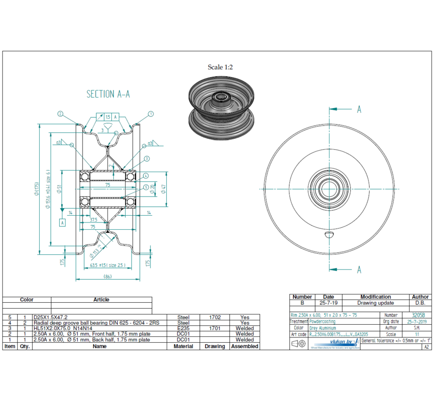 1.75 mm thick one piece welded RIM, diameter: 6 inch, width: 2.50 inch, bearing in hub: 6204-2RS