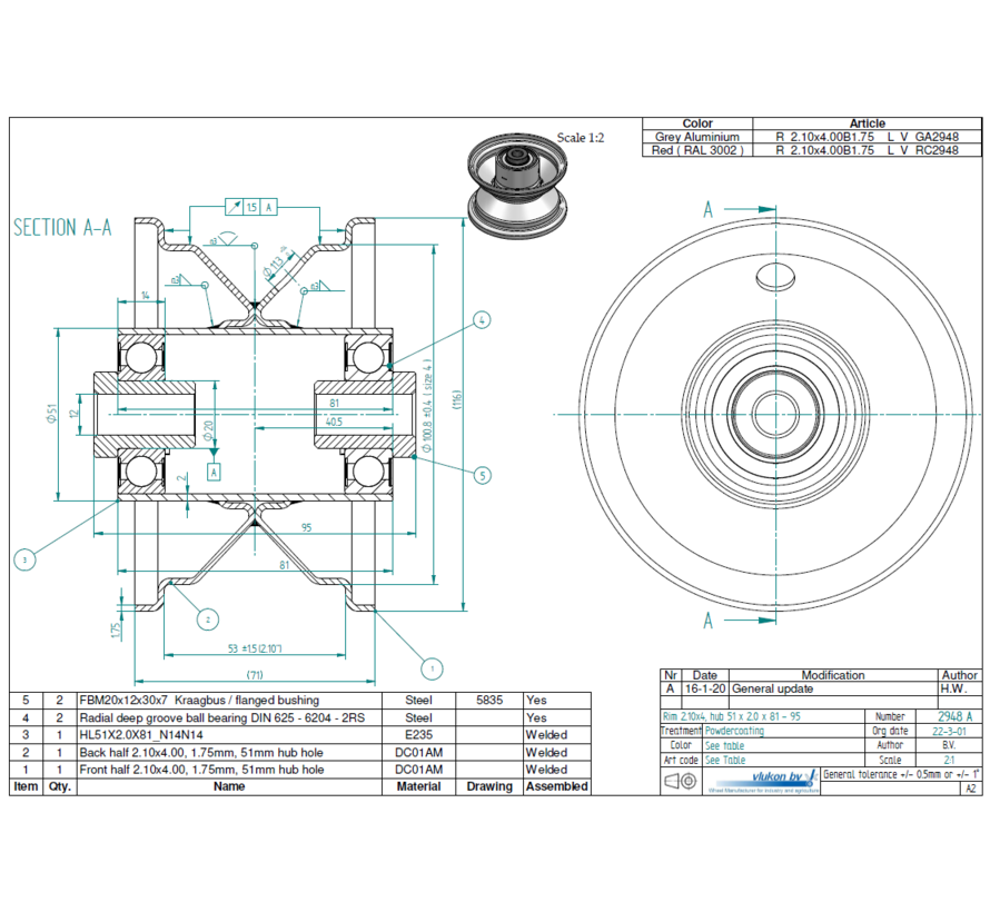1.75 mm thick one piece welded RIM, diameter: 4 inch, width: 2.50 inch, bearing in hub: 6204-2RS-C3