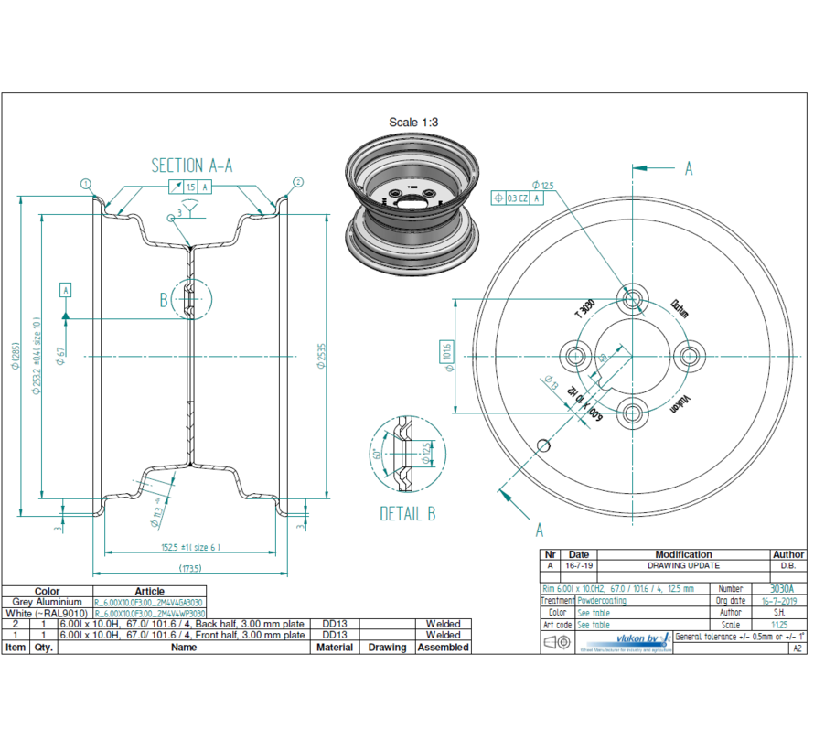 3.00 mm thick one piece welded RIM, diameter: 10 inch, width: 6.00 inch, pcd: 101,6mm & center bore: 67mm l 4 Raised bolt holes