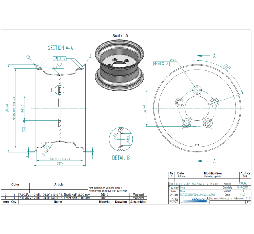 3.00 mm thick one piece welded RIM, diameter: 12 inch, width: 7.00 inch, pcd: 140mm & center bore: 94mm l 5 Raised bolt holes
