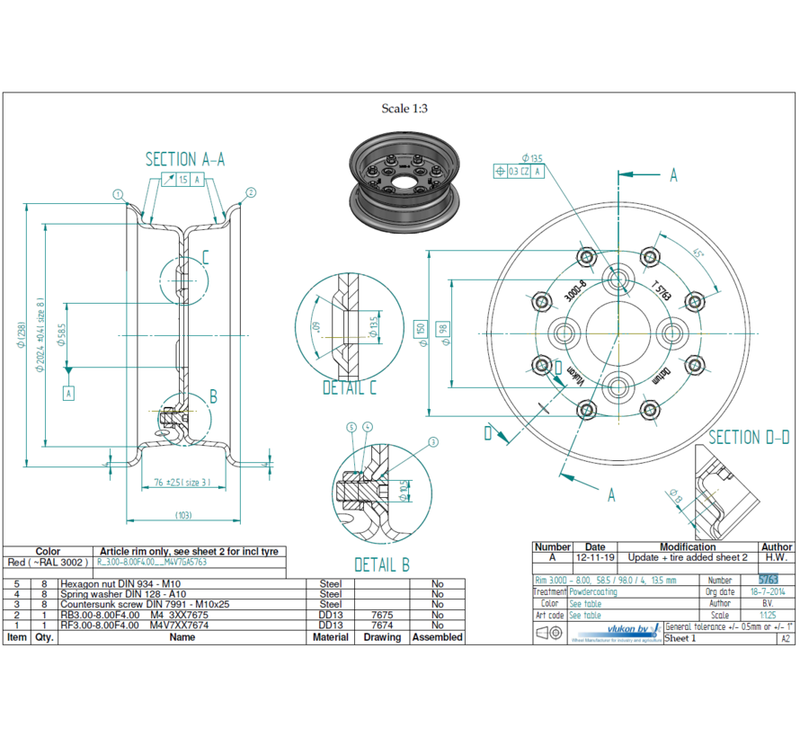 4.00 mm thick two piece divided rim | diameter: 8 inch | width: 3.00 inch | pcd: 98mm & center bore: 58,5mm l 4 Raised + Countersink bolt holes