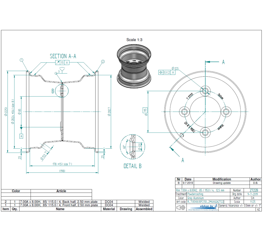 2.50 mm thick one piece welded RIM, diameter: 8 inch, width: 7.00 inch, pcd: 115mm & center bore: 85mm l 4 Raised bolt holes
