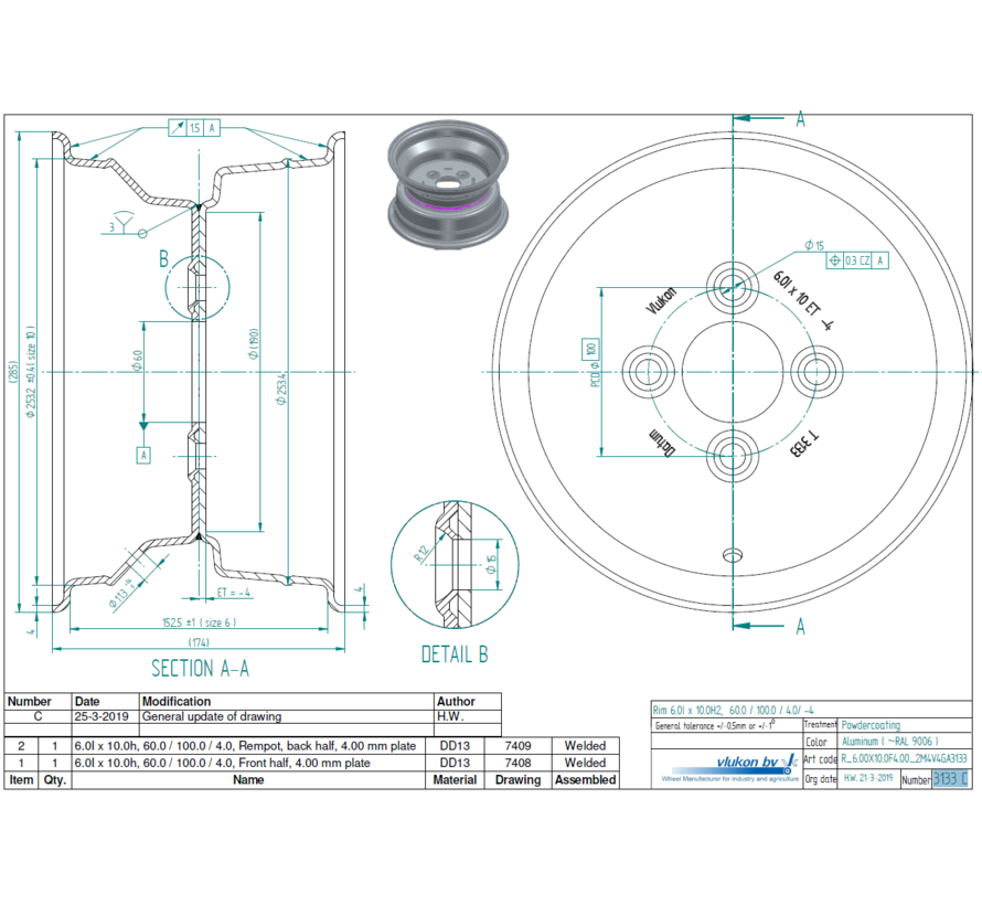 4.00 mm thick one piece welded RIM, diameter: 10 inch, width: 6.00 inch, pcd: 100mm & center bore: 60mm l 4 Raised bolt holes