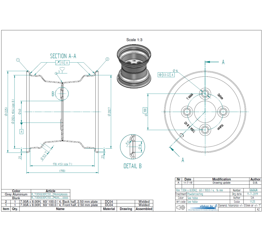 2.50 mm thick one piece welded RIM, diameter: 8 inch, width: 7.00 inch, pcd: 100mm & center bore: 60mm l 4 Raised bolt holes