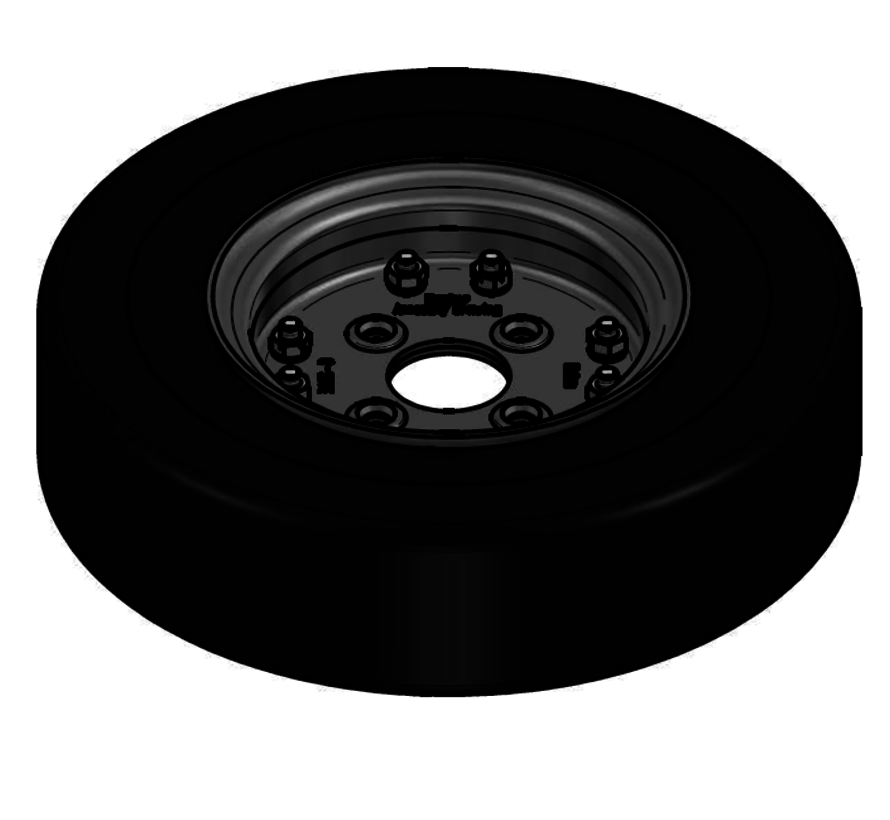 Tire: solid 4.00-8 Globe Star on 4.00 mm thick two piece divided rim | diameter: 8 inch | width: 3.00 inch | pcd: 100mm & center bore: 60mm