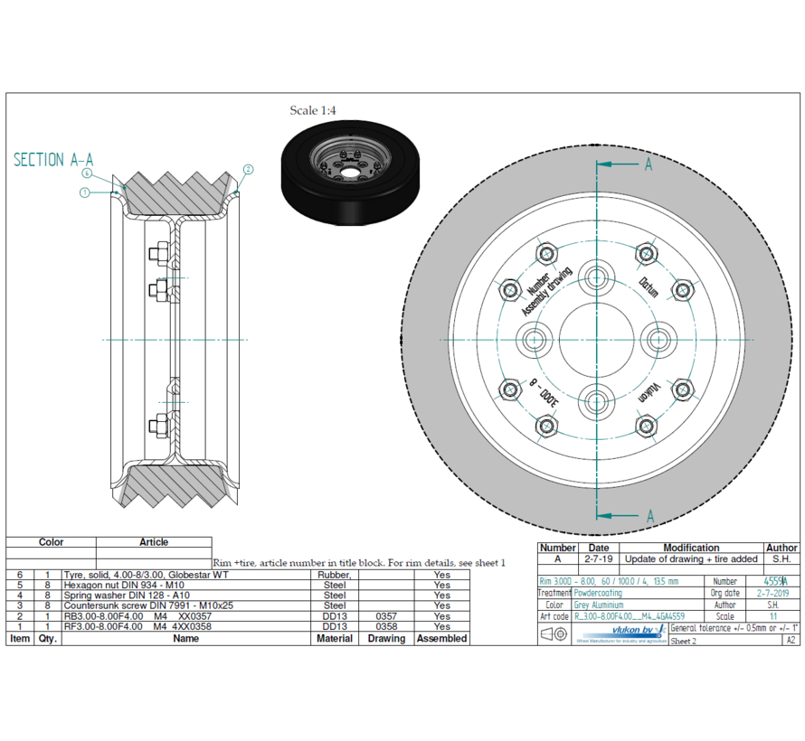 Tire: solid 4.00-8 Globe Star on 4.00 mm thick two piece divided rim | diameter: 8 inch | width: 3.00 inch | pcd: 100mm & center bore: 60mm