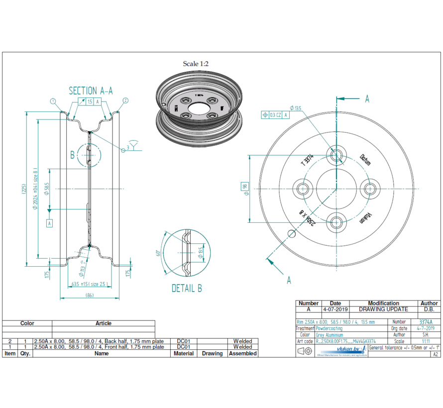1.75 mm thick one piece welded RIM, diameter: 8 inch, width: 2.50 inch, pcd: 98mm & center bore: 58,5mm l 4 Raised bolt holes