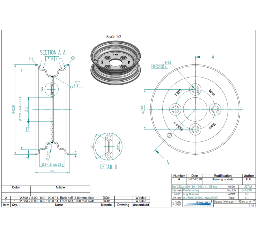 3.00 mm thick one piece welded RIM, diameter: 8 inch, width: 2.50 inch, pcd: 100mm & center bore: 60mm l 4 Raised bolt holes