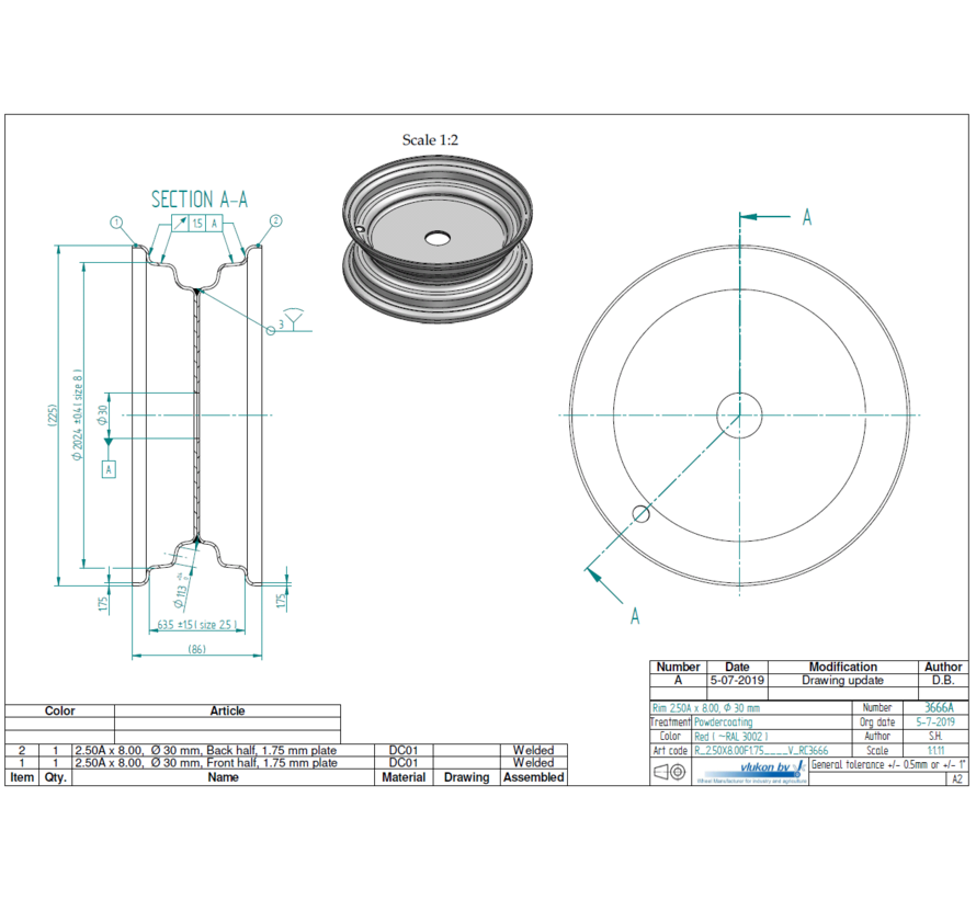 1.75 mm thick one piece welded RIM, diameter: 8 inch, width: 2.50 inch,
