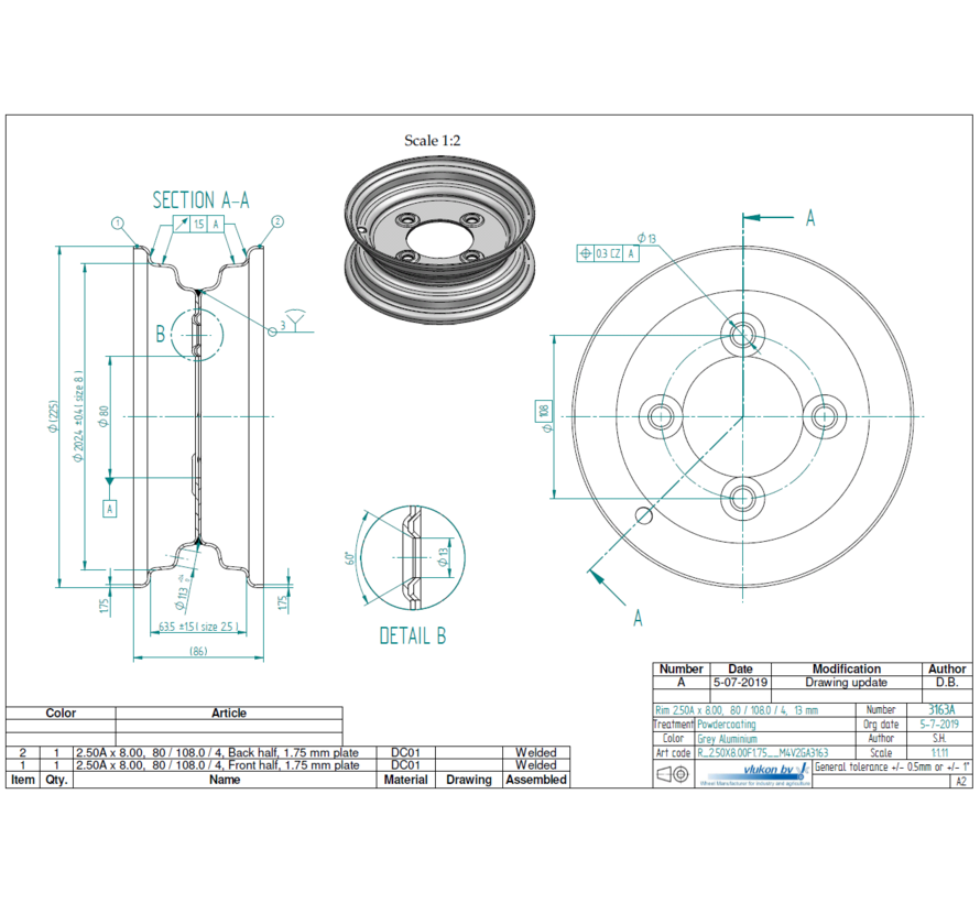 1.75 mm thick one piece welded RIM, diameter: 8 inch, width: 2.50 inch, pcd: 108mm & center bore: 80mm l 4 Raised bolt holes