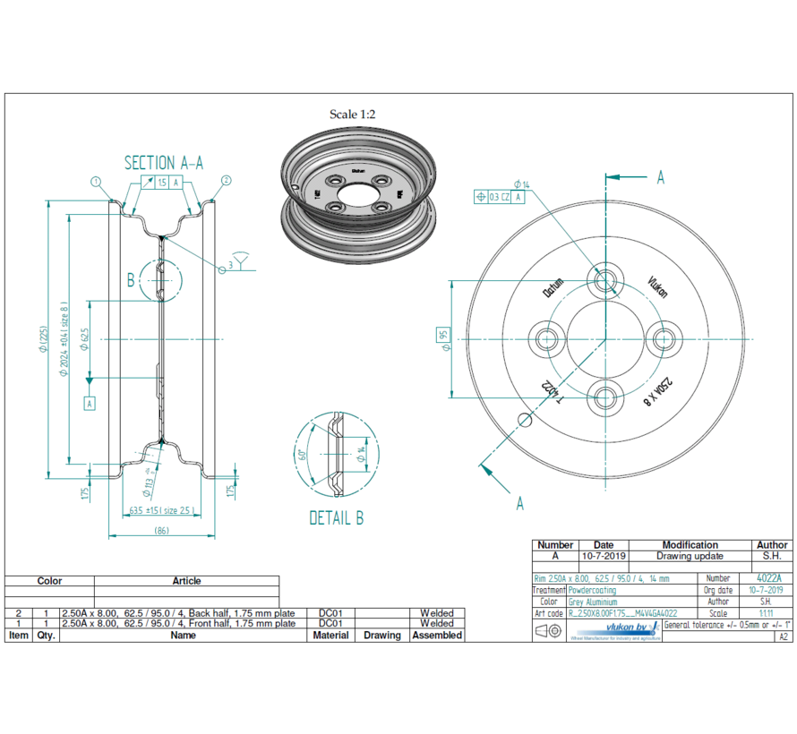 1.75 mm thick one piece welded RIM, diameter: 8 inch, width: 2.50 inch, pcd: 95mm & center bore: 62,5mm l 4 Raised bolt holes