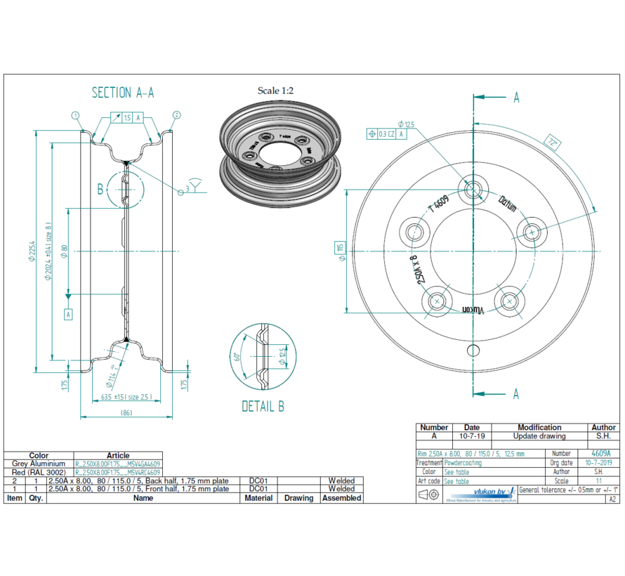 1.75 mm thick one piece welded RIM, diameter: 8 inch, width: 2.50 inch, pcd: 115mm & center bore: 80mm l 5 Raised bolt holes