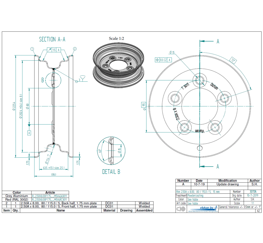 1.75 mm thick one piece welded RIM, diameter: 8 inch, width: 2.50 inch, pcd: 115mm & center bore: 80mm l 5 Raised bolt holes