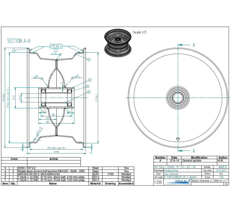 3.00 mm thick one piece welded RIM, diameter: 12 inch, width: 7.00 inch, bearing in hub: 6206-2RS