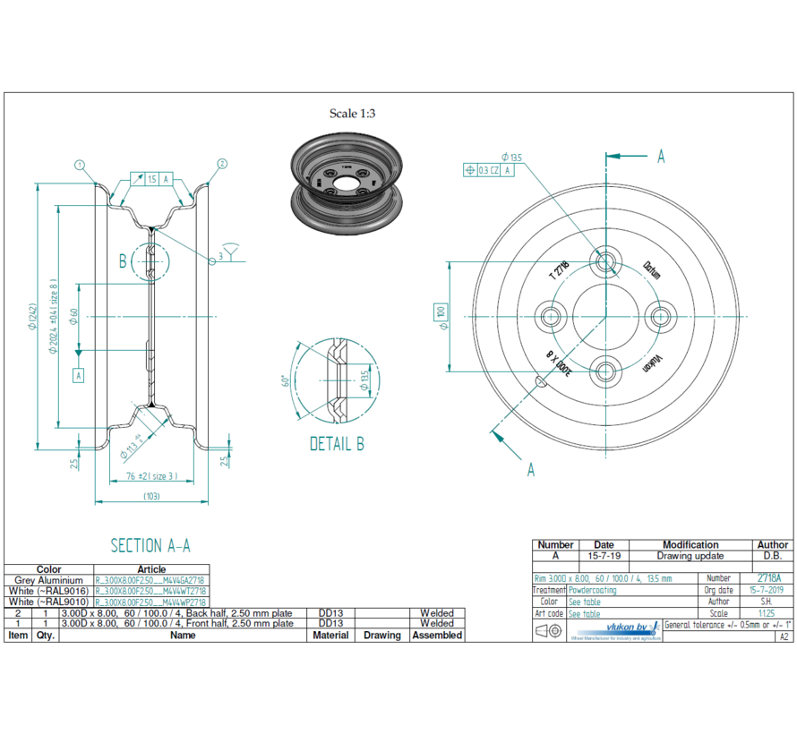 2.50 mm thick one piece welded RIM, diameter: 8 inch, width: 3.00 inch, pcd: 100mm & center bore: 60mm l 4 Raised bolt holes