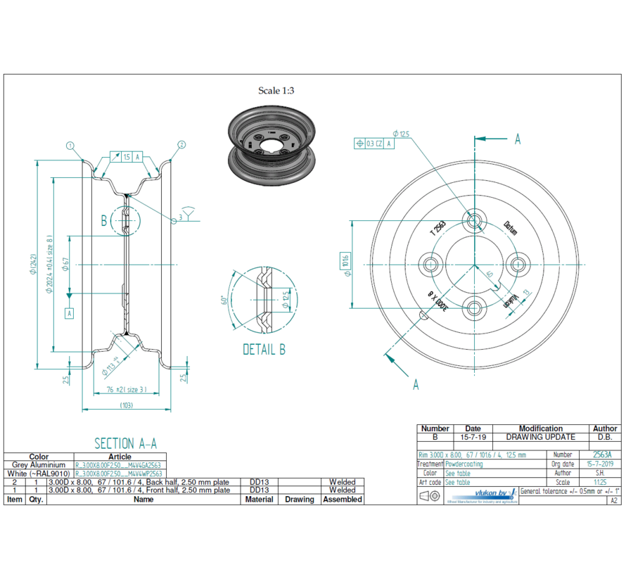 2.50 mm thick one piece welded RIM, diameter: 8 inch, width: 3.00 inch, pcd: 101,6mm & center bore: 67mm l 4 Raised bolt holes