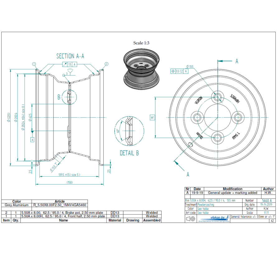 2.50 mm thick one piece welded RIM, diameter: 8 inch, width: 5.50 inch, pcd: 95mm & center bore: 62,5mm l 4 Raised bolt holes