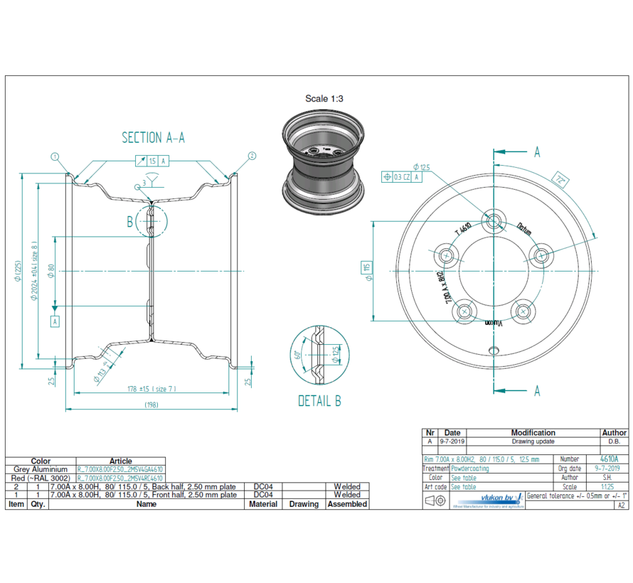 2.50 mm thick one piece welded RIM, diameter: 8 inch, width: 7.00 inch, pcd: 115mm & center bore: 80mm l 5 Raised bolt holes
