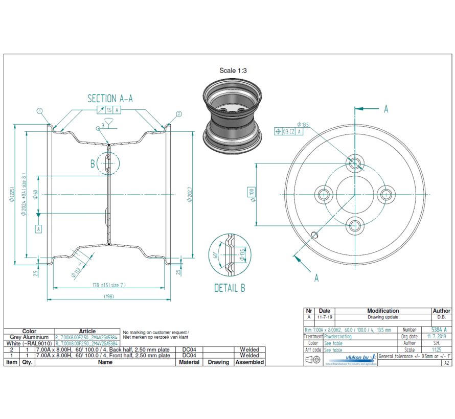 2.50 mm thick one piece welded RIM, diameter: 8 inch, width: 7.00 inch, pcd: 100mm & center bore: 60mm l 4 Raised bolt holes
