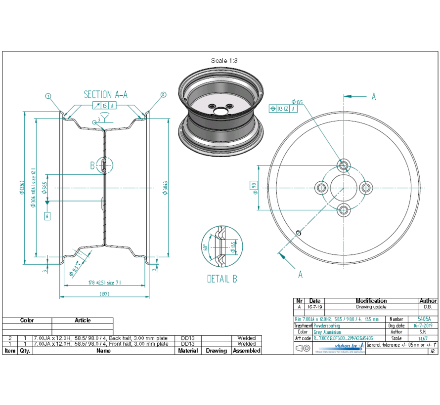 3.00 mm thick one piece welded RIM, diameter: 12 inch, width: 7.00 inch, pcd: 98mm & center bore: 58,5mm l 4 Raised bolt holes
