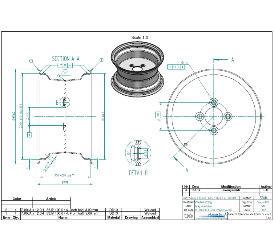 3.00 mm thick one piece welded RIM, diameter: 12 inch, width: 7.00 inch, pcd: 100mm & center bore: 63,5mm l 4 Raised bolt holes