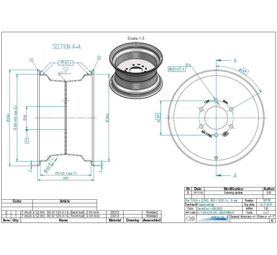 3.00 mm thick one piece welded RIM, diameter: 12 inch, width: 7.00 inch, pcd: 120mm & center bore: 80mm l 6  bolt holes