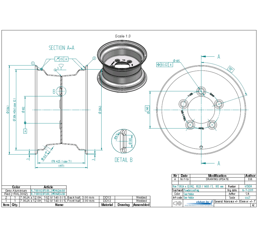 3.00 mm thick one piece welded RIM, diameter: 12 inch, width: 7.00 inch, pcd: 140mm & center bore: 102mm l 5 Raised bolt holes