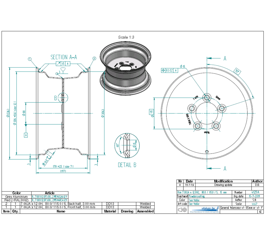 3.00 mm thick one piece welded RIM, diameter: 12 inch, width: 7.00 inch, pcd: 115mm & center bore: 80mm l 5 Raised bolt holes