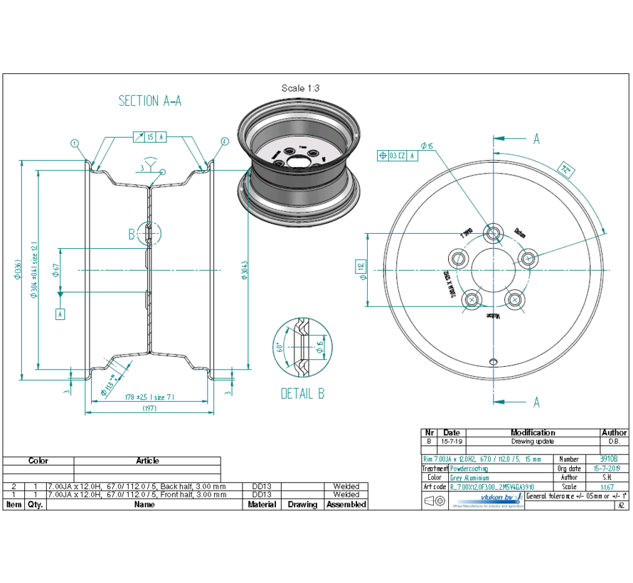 3.00 mm thick one piece welded RIM, diameter: 12 inch, width: 7.00 inch, pcd: 112mm & center bore: 67mm l 5 Raised bolt holes