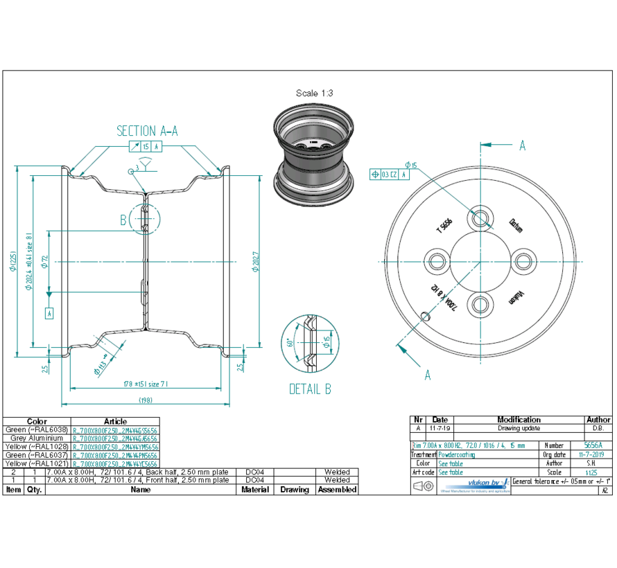 2.50 mm thick one piece welded RIM, diameter: 8 inch, width: 7.00 inch, pcd: 101,6mm & center bore: 75mm l 4 Raised bolt holes