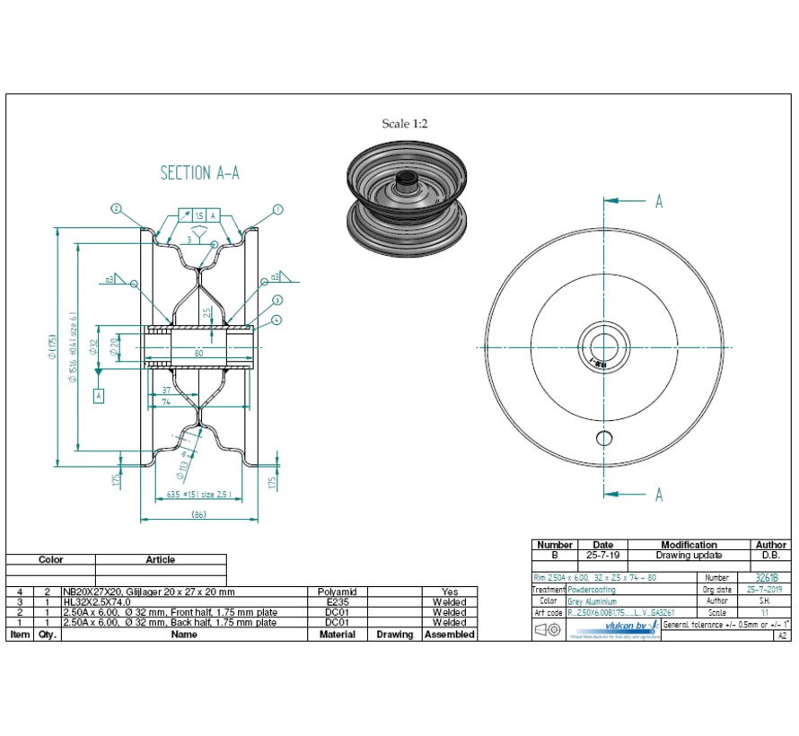 1.75 mm thick one piece welded RIM, diameter: 6 inch, width: 2.50 inch, bearing in hub: Plain bearing 20 mm with flange thickness 3 mm