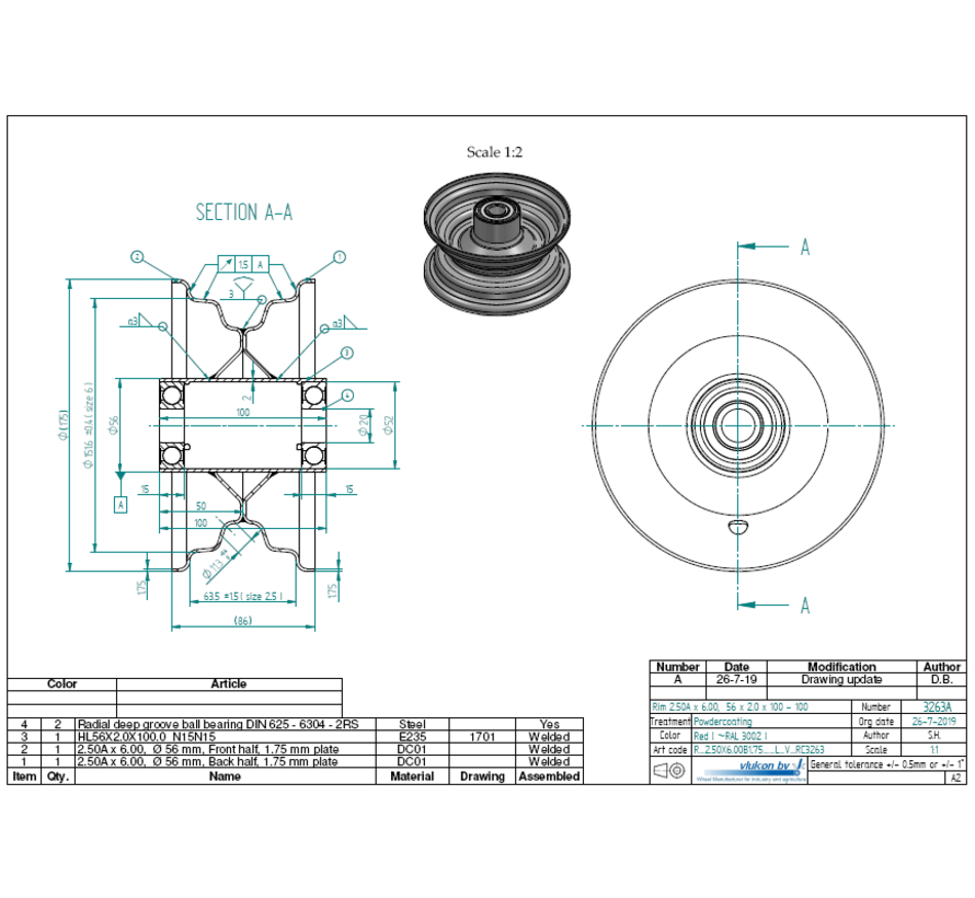 1.75 mm thick one piece welded RIM, diameter: 6 inch, width: 2.50 inch, bearing in hub: 6304-2RS