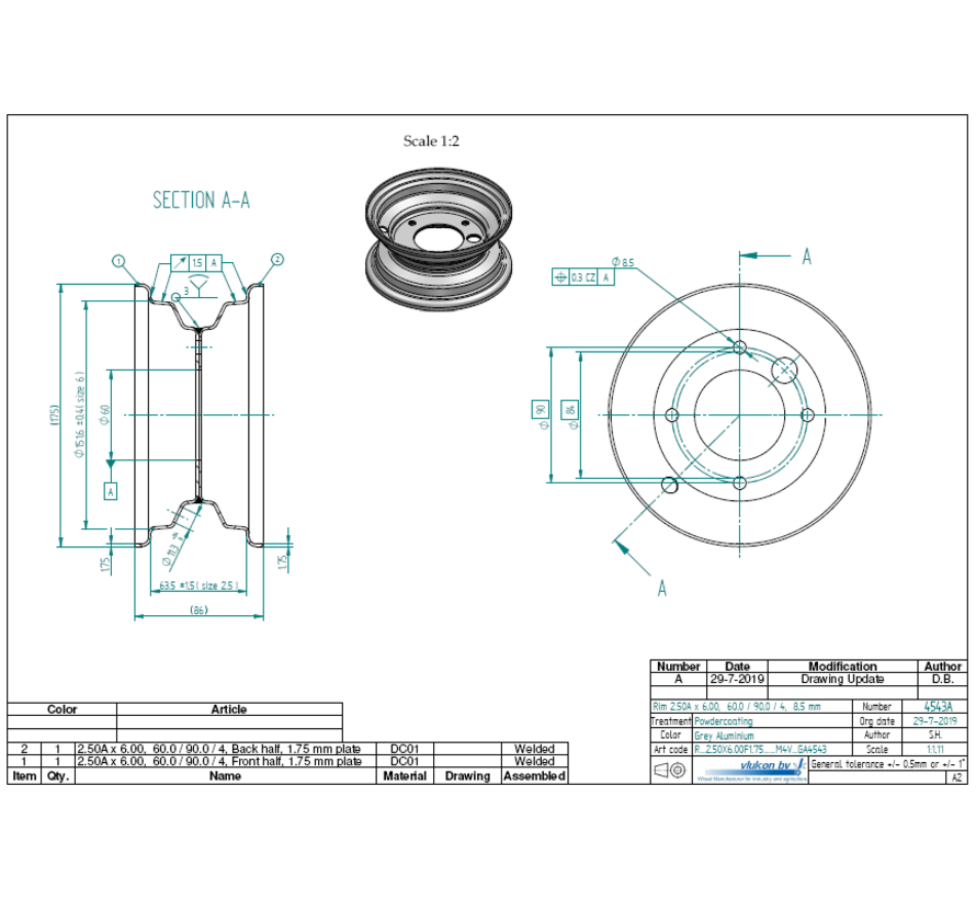 1.75 mm thick one piece welded RIM, diameter: 6 inch, width: 2.50 inch, pcd: 90mm & center bore: 60mm l 4  bolt holes