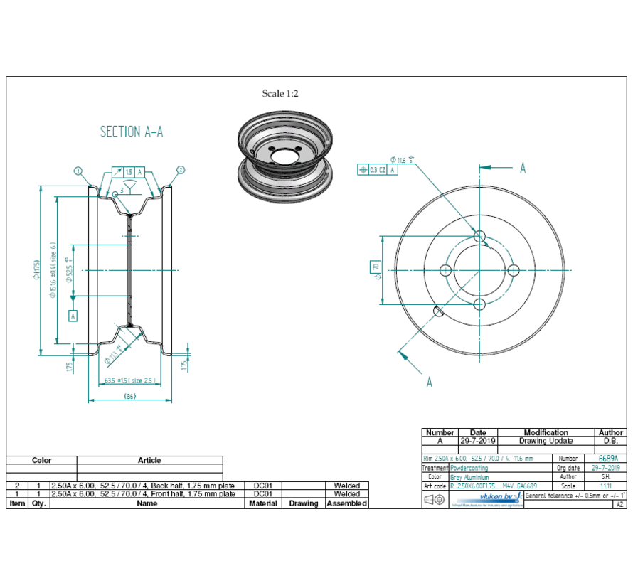 1.75 mm thick one piece welded RIM, diameter: 6 inch, width: 2.50 inch, pcd: 70mm & center bore: 52,5mm l 4  bolt holes