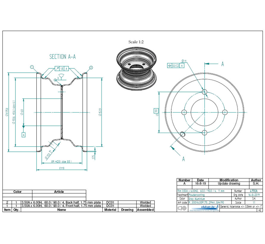 1.75 mm thick one piece welded RIM, diameter: 6 inch, width: 3.50 inch, pcd: 90mm & center bore: 60mm l 4  bolt holes