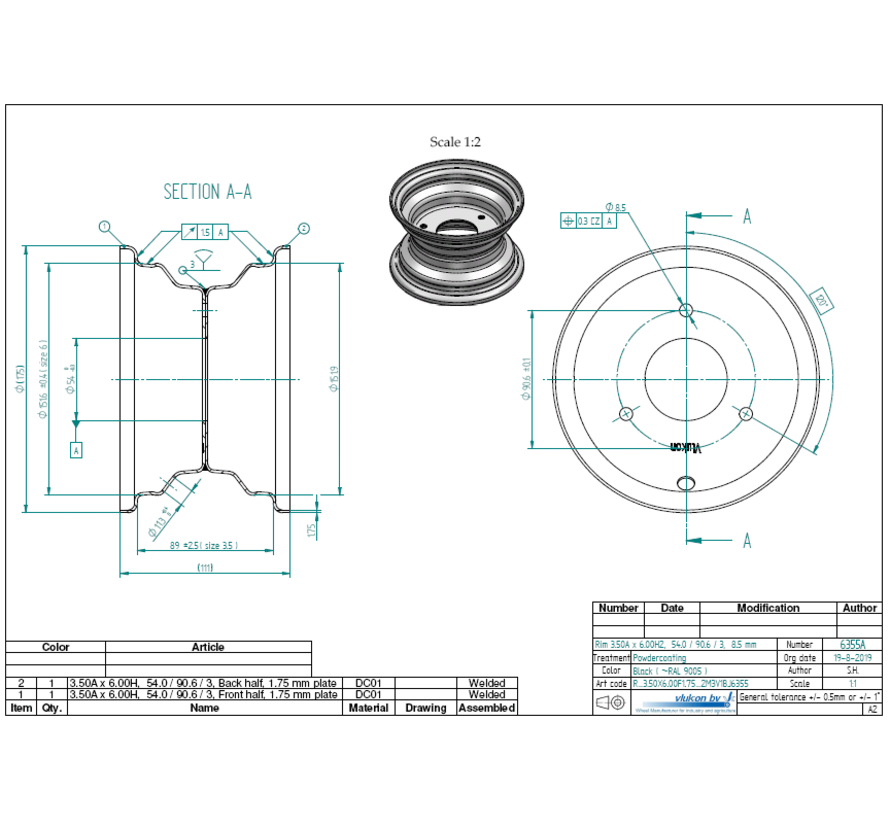 1.75 mm thick one piece welded RIM, diameter: 6 inch, width: 3.50 inch, pcd: 90,6mm & center bore: 54mm l 3  bolt holes