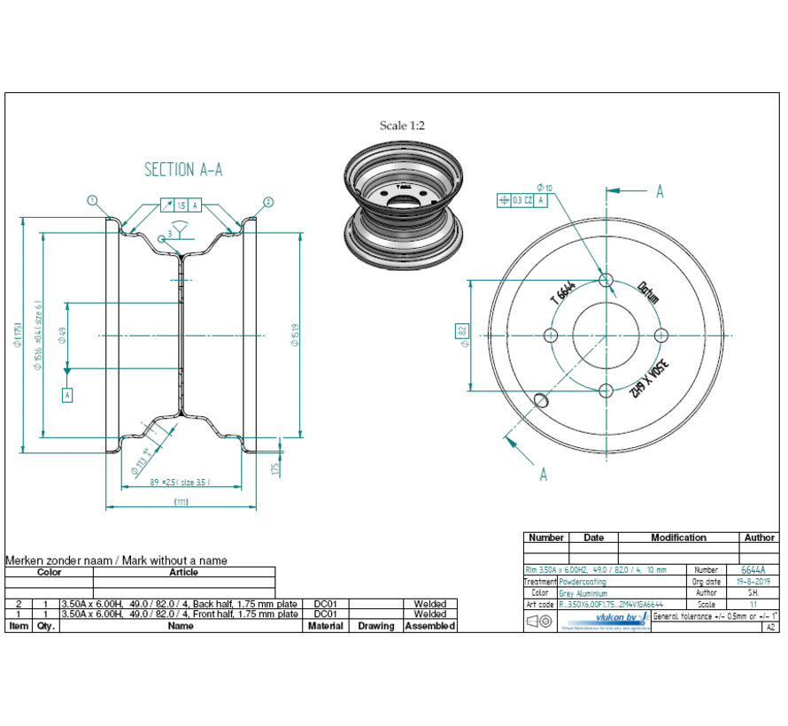 1.75 mm thick one piece welded RIM, diameter: 6 inch, width: 3.50 inch, pcd: 82mm & center bore: 49mm l 4  bolt holes