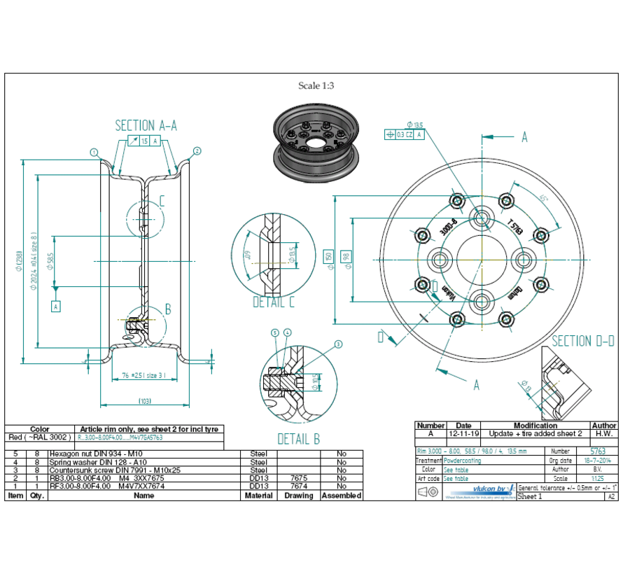 4.00 mm thick two piece divided rim | diameter: 8 inch | width: 3.00 inch | pcd: 98mm & center bore: 58,5mm l 4 Raised + Countersink bolt holes