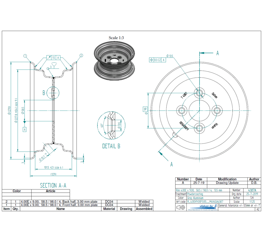 3.00 mm thick one piece welded RIM, diameter: 9 inch, width: 4.00 inch, pcd: 98mm & center bore: 58,5mm l 4 Raised bolt holes