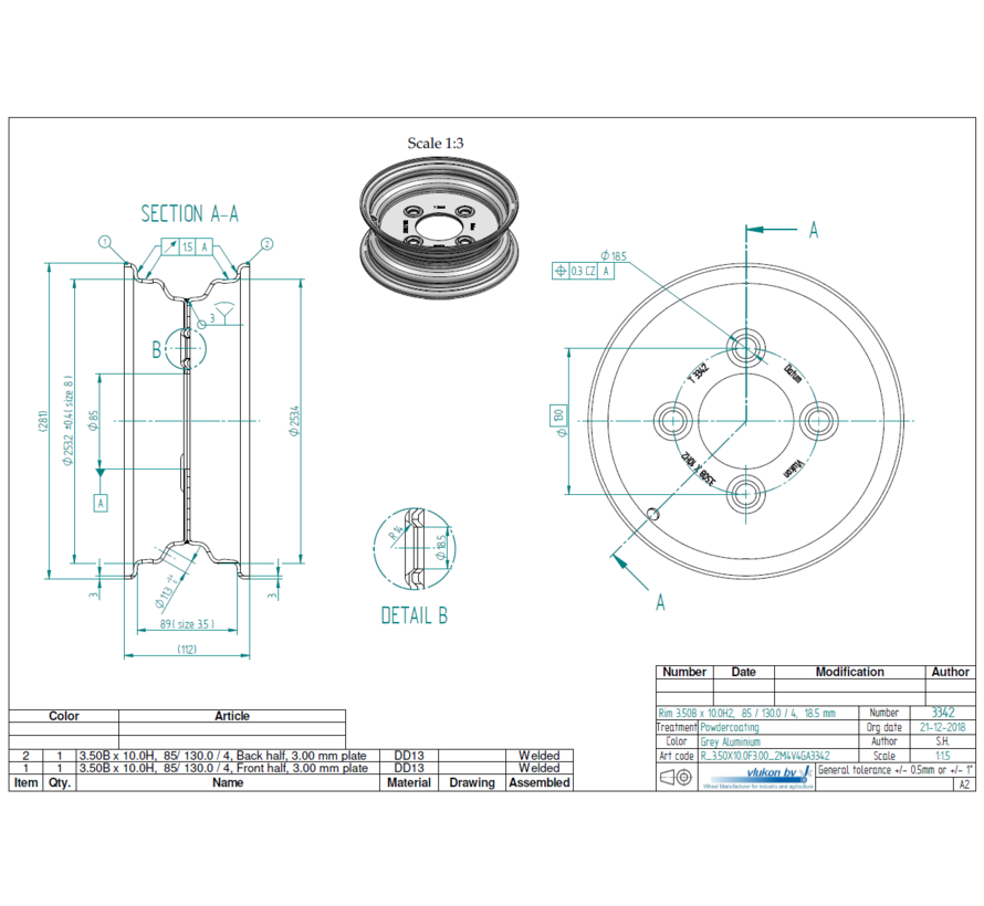 3.00 mm thick one piece welded RIM, diameter: 10 inch, width: 3.50 inch, pcd: 130mm & center bore: 85mm l 4 Raised bolt holes