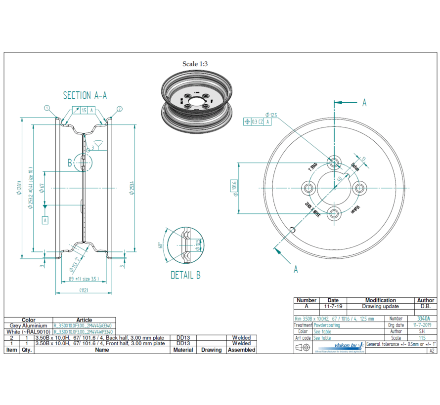 3.00 mm thick one piece welded RIM, diameter: 10 inch, width: 3.50 inch, pcd: 101,6mm & center bore: 67mm l 4 Raised bolt holes