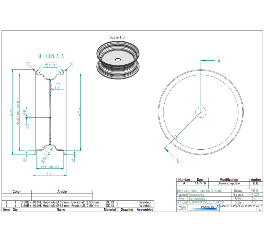 2.50 mm thick one piece welded RIM, diameter: 10 inch, width: 3.50 inch,