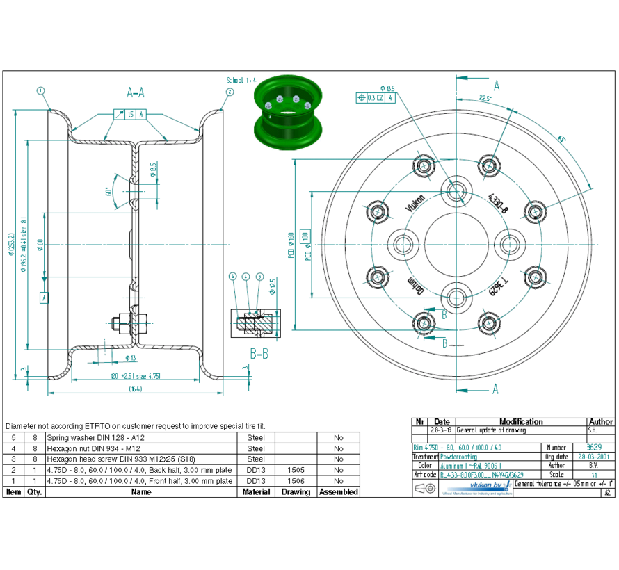 3.00 mm thick two piece divided rim | diameter: 8 inch | width: 4.33 inch | pcd: 100mm & center bore: 60mm l 4 Raised bolt holes