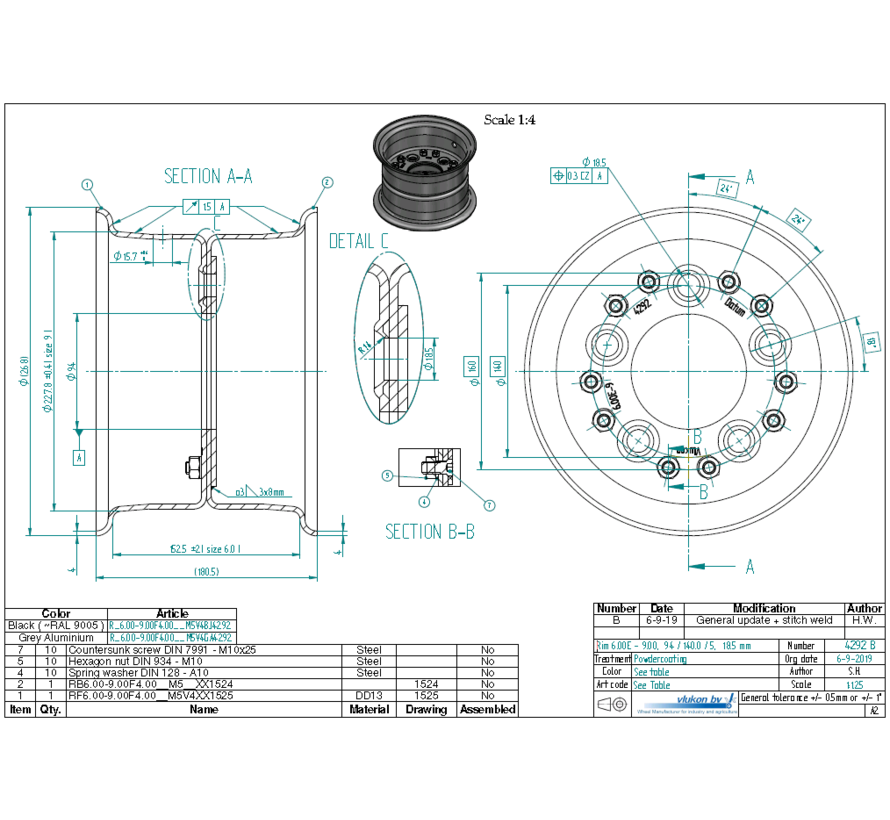 4.00 mm thick two piece divided rim | diameter: 9 inch | width: 6.00 inch | pcd: 140mm & center bore: 94mm l 5 Raised bolt holes