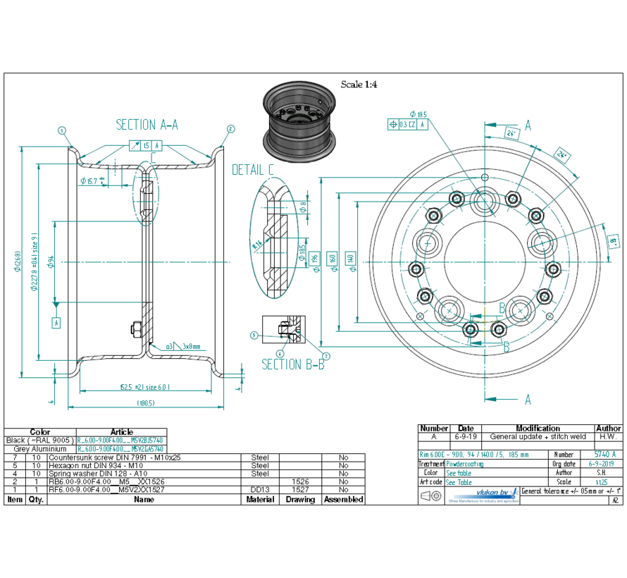 4.00 mm thick two piece divided rim | diameter: 9 inch | width: 6.00 inch | pcd: 140mm & center bore: 94mm l 5 Raised bolt holes