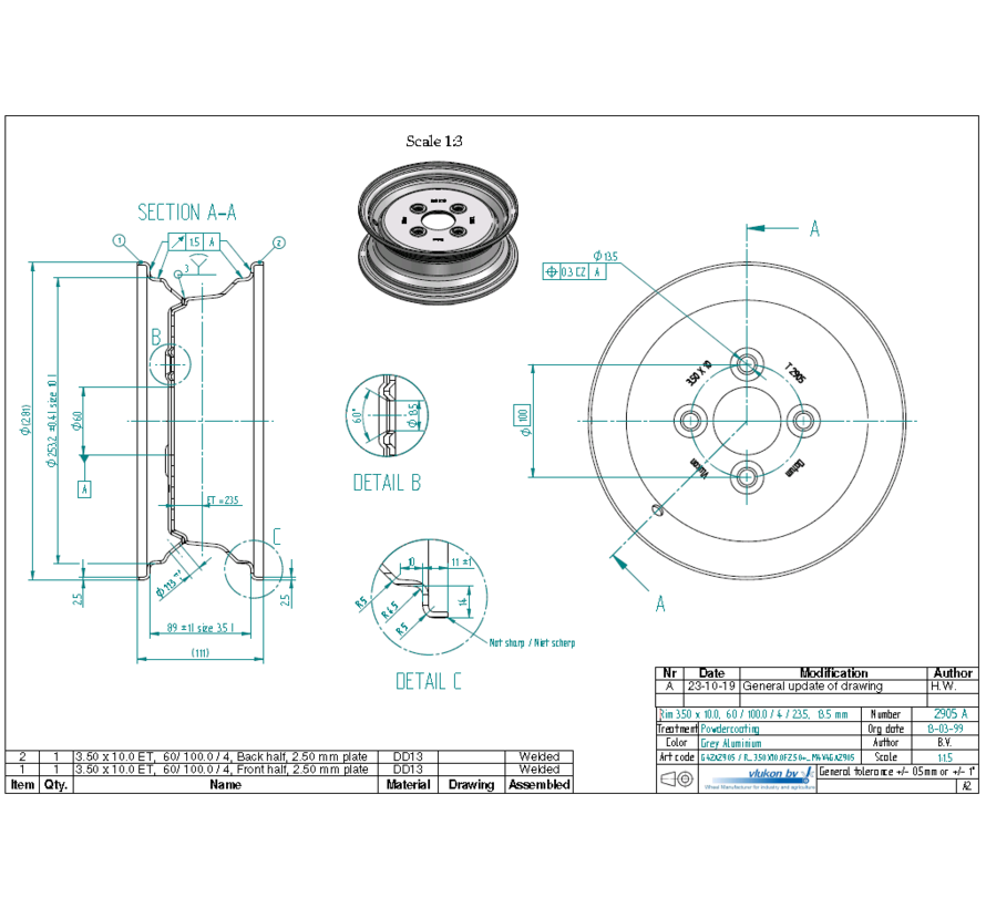 2.50 mm thick one piece welded RIM, diameter: 10 inch, width: 3.50 inch, pcd: 100mm & center bore: 60mm l 4 Raised bolt holes
