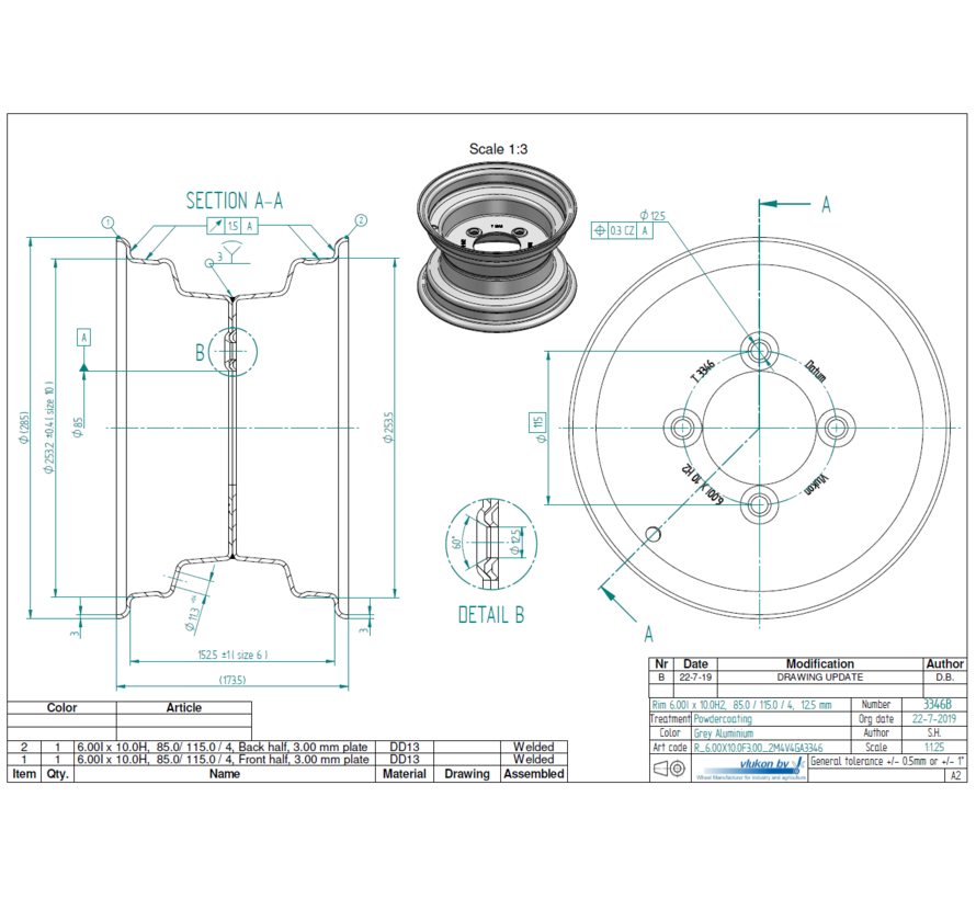 3.00 mm thick one piece welded RIM, diameter: 10 inch, width: 6.00 inch, pcd: 115mm & center bore: 85mm l 4 Raised bolt holes