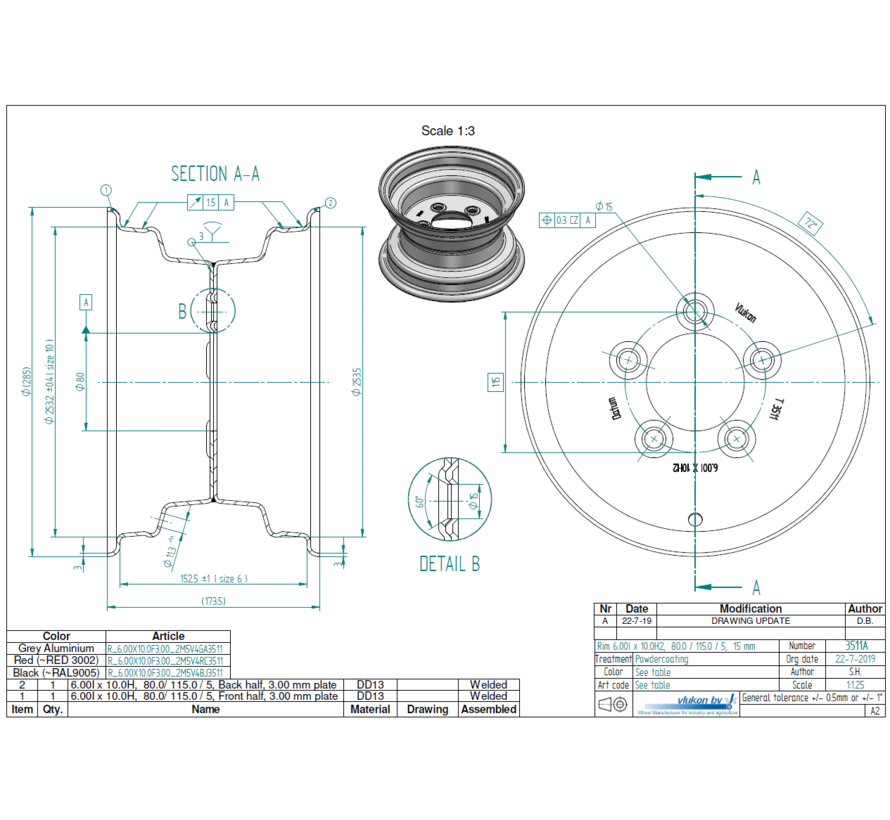 3.00 mm thick one piece welded RIM, diameter: 10 inch, width: 6.00 inch, pcd: 115mm & center bore: 80mm l 5 Raised bolt holes