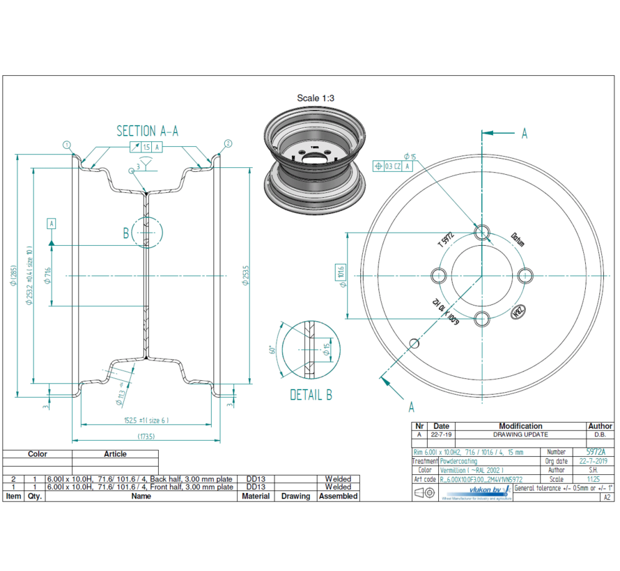 3.00 mm thick one piece welded RIM, diameter: 10 inch, width: 6.00 inch, pcd: 101,6mm & center bore: 71,6mm l 4  bolt holes